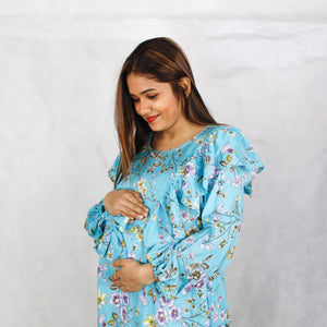 MAYA BLUE FLORAL SIDE ZIP MATERNITY AND NURSING GOWN