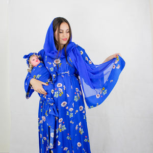 AZURE BLUE FLORAL MOMMY AND ME 5 IN 1 LONG MATERNITY SET