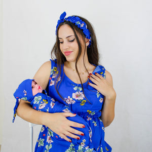 AZURE BLUE FLORAL MOMMY AND ME 5 IN 1 LONG MATERNITY SET